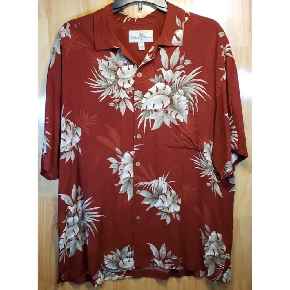 Island Shores Mens XL Hawaiian‎ Shirt Rust Red Floral Monstera Leaf Button Up